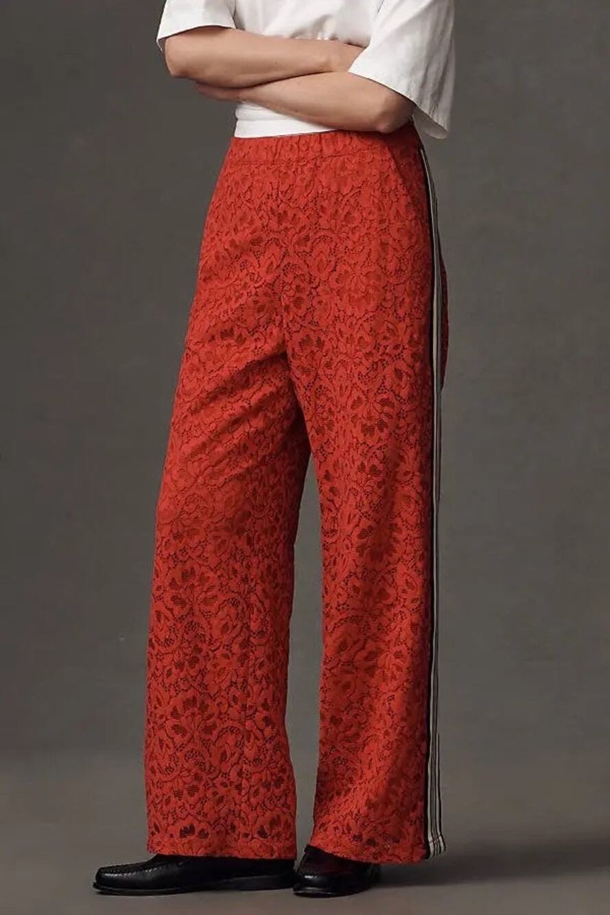 $158 Maeve Anthropologie Brooklin Lace Track Pants Red Varsity XS Elastic Waist
